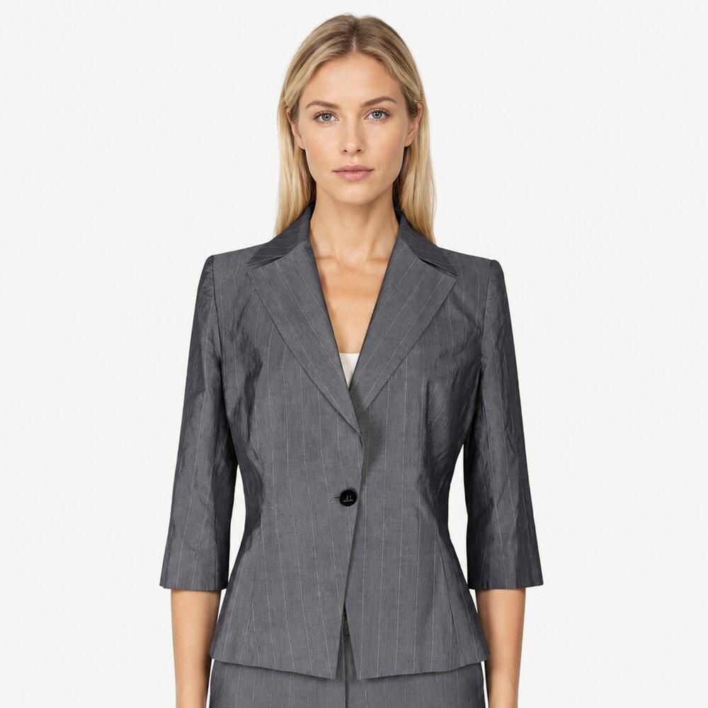 Jeanne Lanvin Silk Cotton Gray Pinstripe One Button Blazer 42 Vintage
